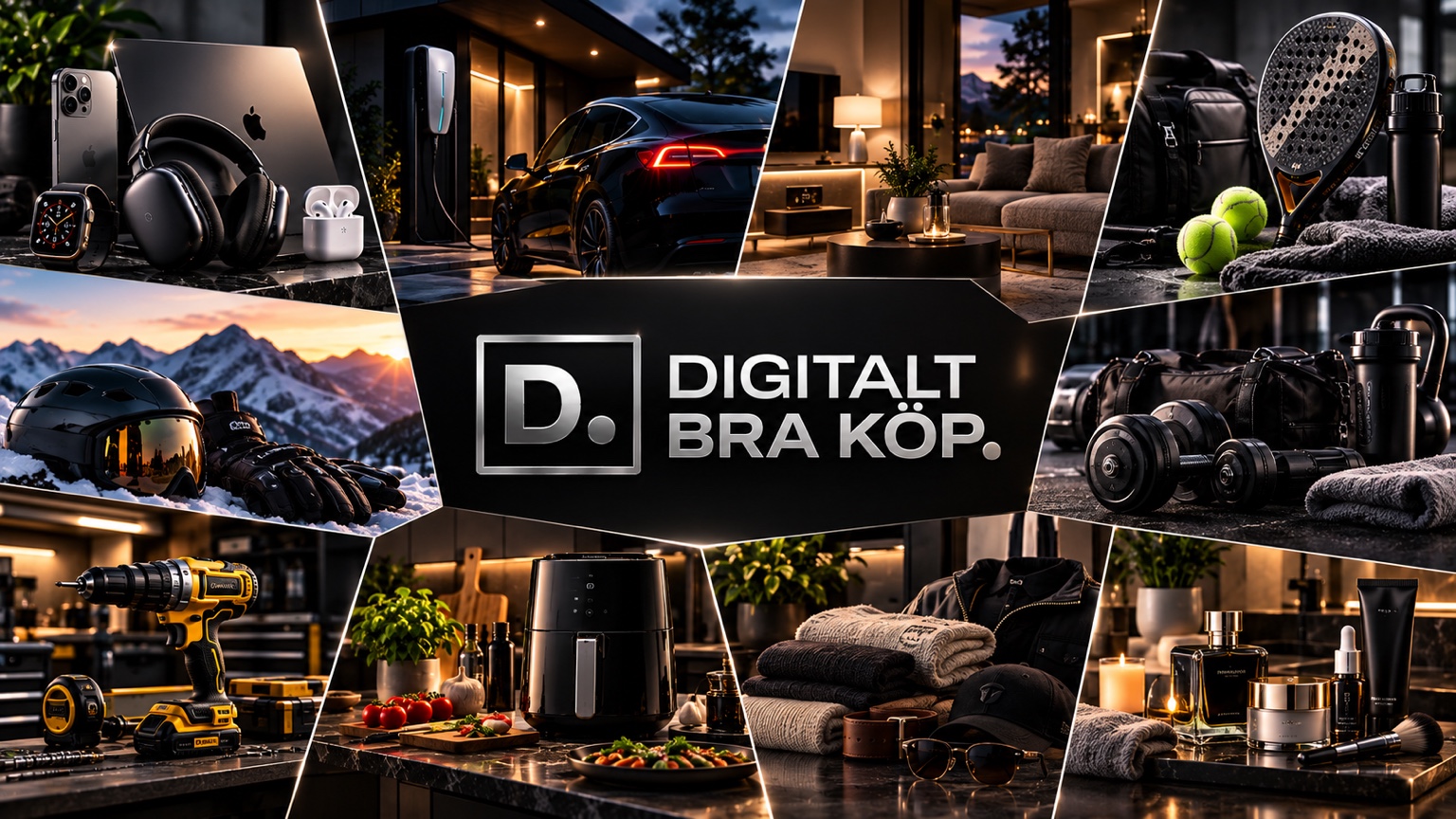 Digitalt Bra Köp – collage med teknik, bil, hem, sport, skidåkning, verktyg, kök och mode